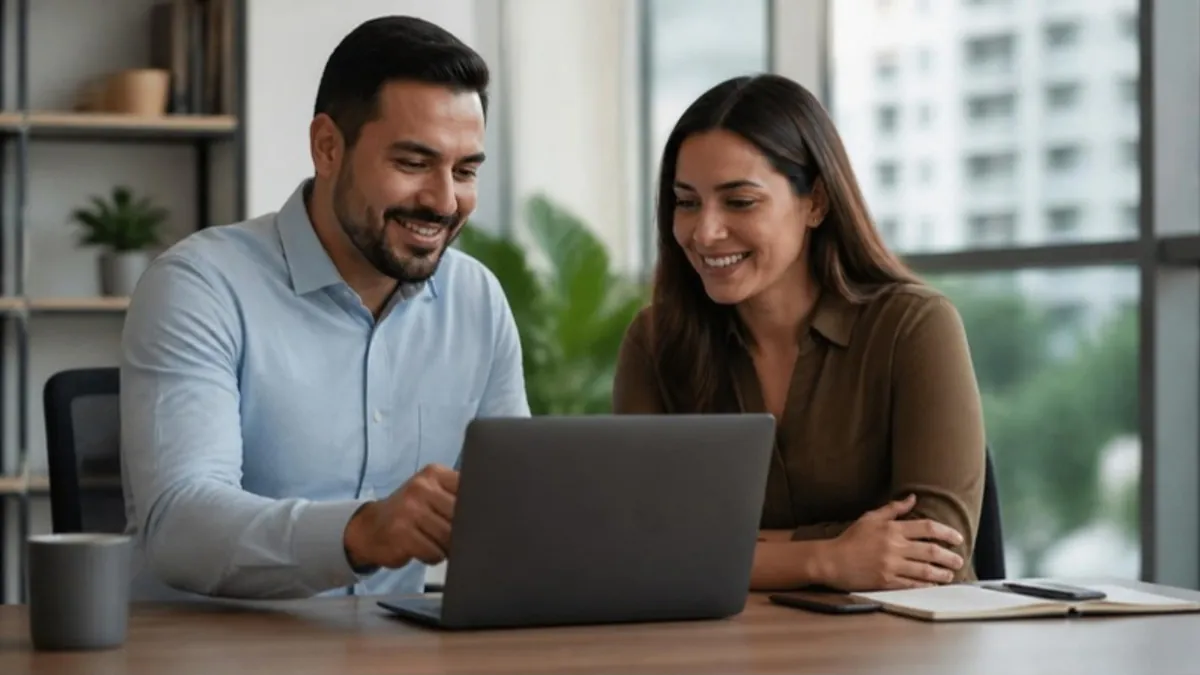 Consultor latino y dueña de negocio revisando juntos los resultados de una campaña en el portátil