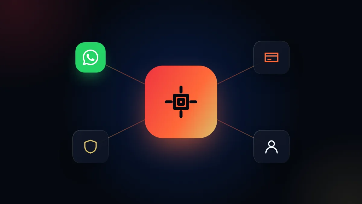 Ilustración de un asistente de IA conectado a WhatsApp, a la seguridad, a los pagos y a una persona