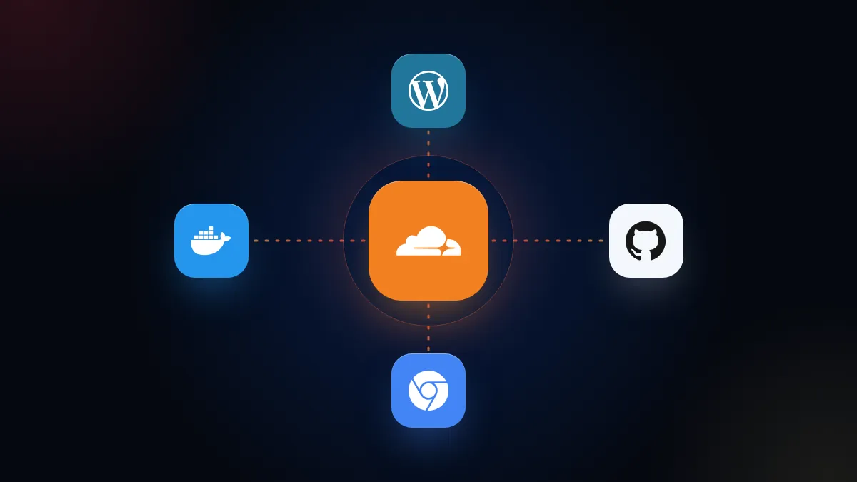 Ícono de Cloudflare conectado a WordPress, GitHub, Chrome y Docker