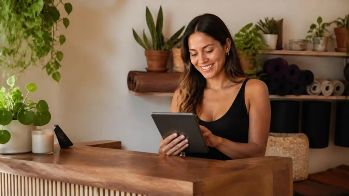 Dueña latina de un estudio de yoga revisando los pagos de sus suscriptores en una tableta