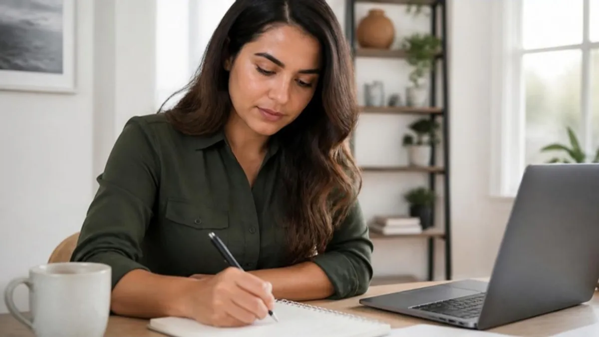 Profesional latina escribiendo una lista de instrucciones en un cuaderno junto a su portátil