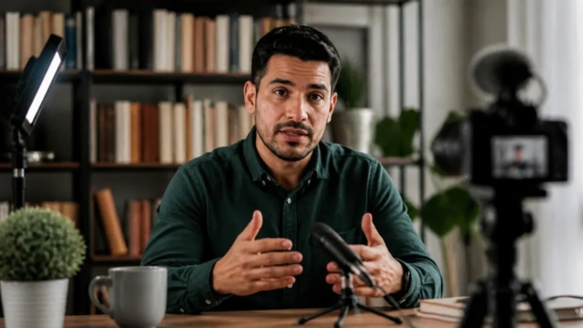 Instructor latino grabando una clase en video frente a una cámara en su casa