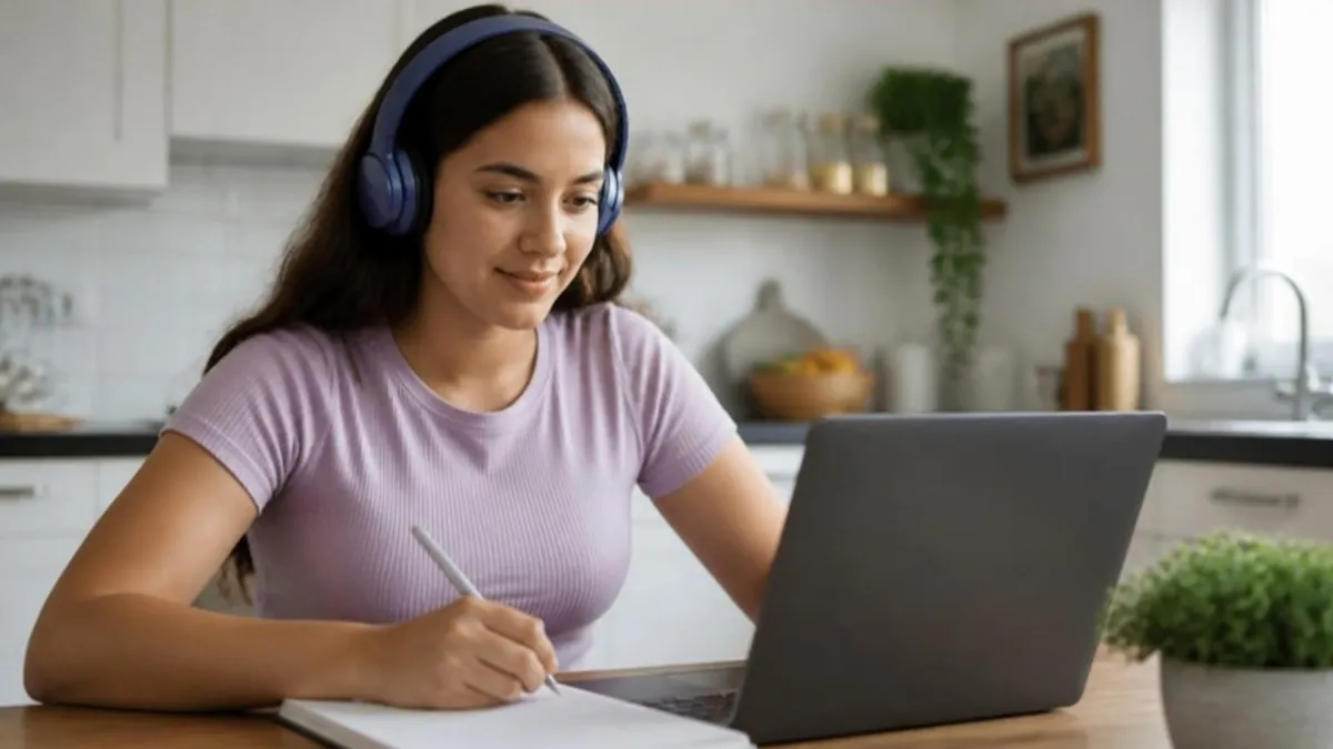 Estudiante latina con audífonos tomando un curso en línea en su portátil