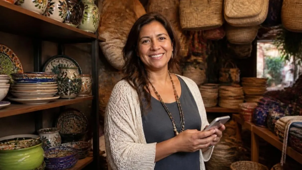 Dueña latina de una tienda de artesanías sonriendo con su celular en la mano