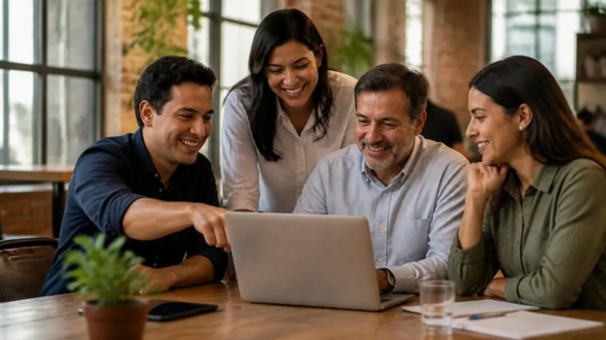 Equipo latino reunido alrededor de un portátil revisando información