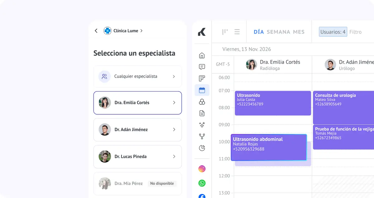 Pantalla oficial de Kommo con calendario de citas y conversación de un cliente