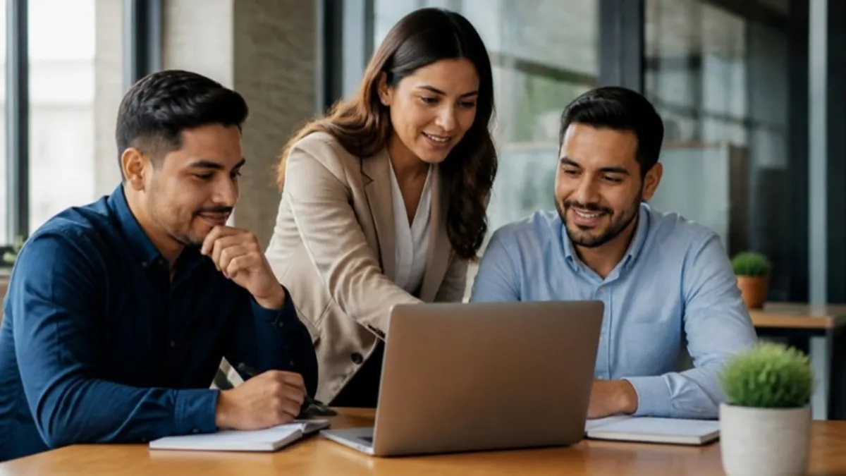 Líder de ventas latina y dos vendedores revisando el embudo de ventas en un portátil