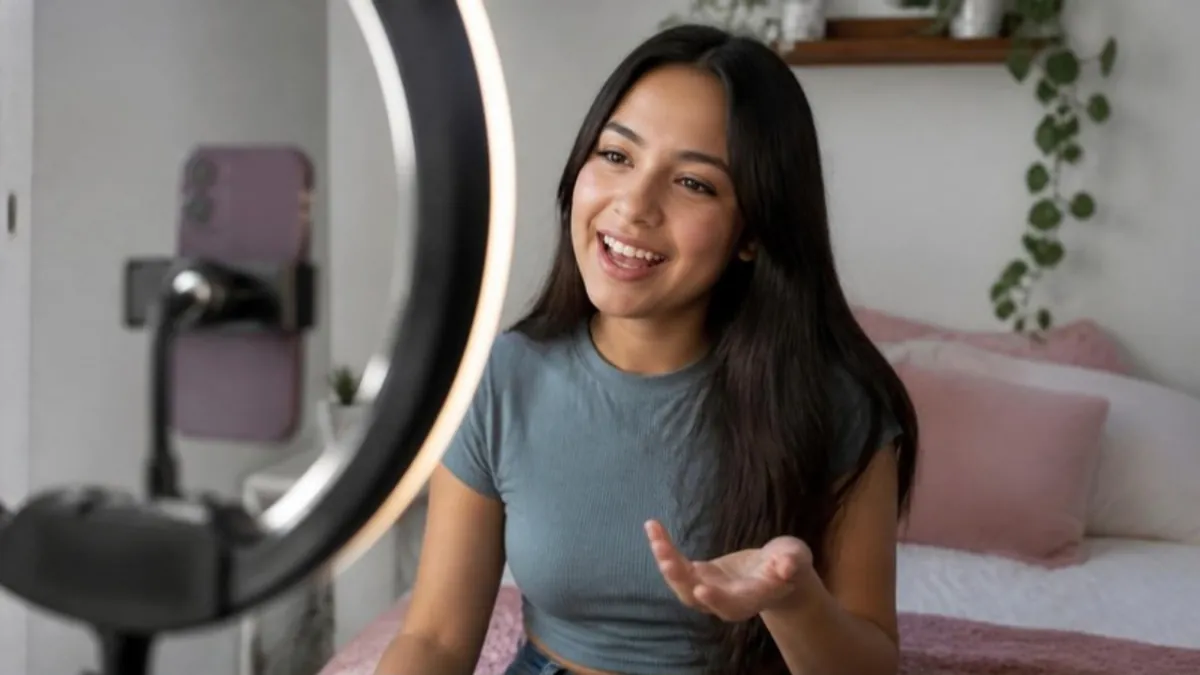Creadora de contenido latina grabando un video vertical frente a una luz de aro