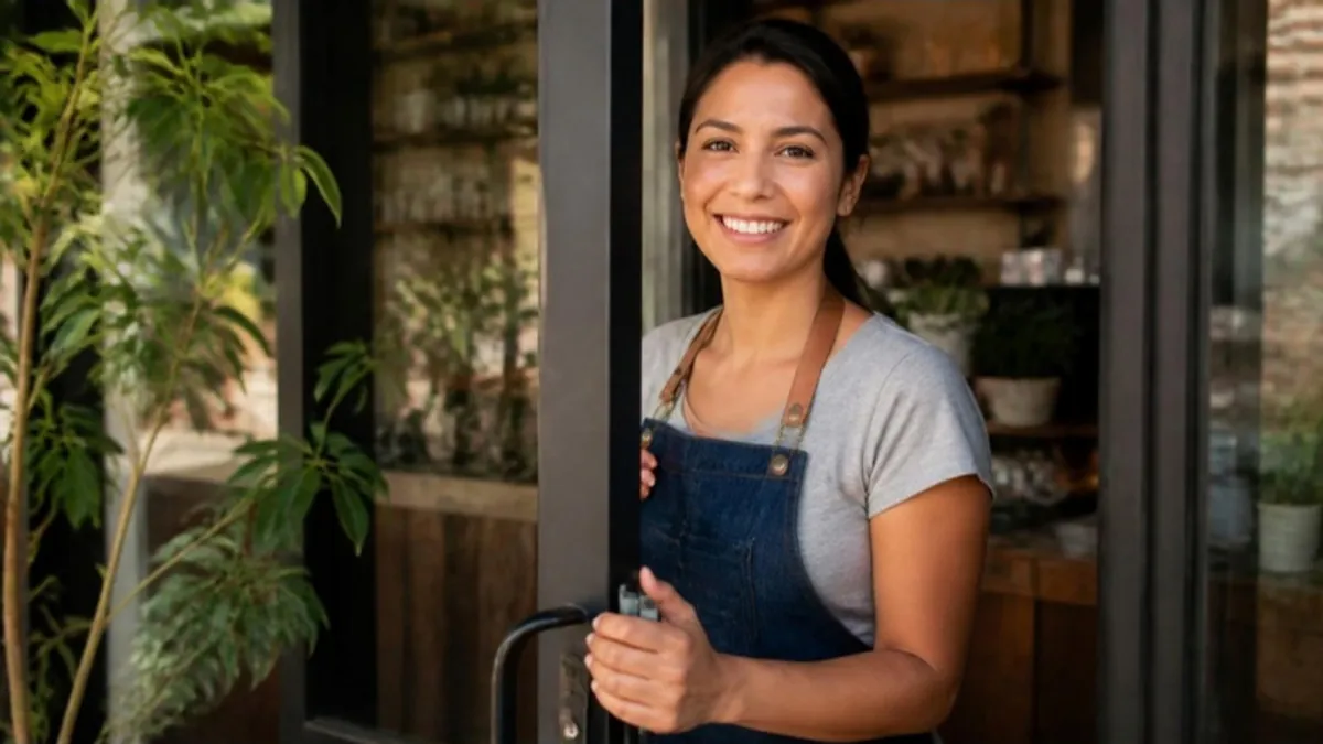 Dueña latina de una cafetería abriendo la puerta de su local en la mañana