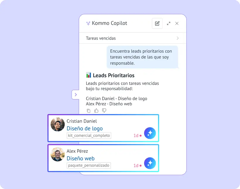 Pantalla oficial de Kommo IA priorizando leads calientes en una conversación
