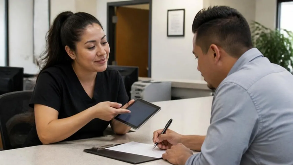 Recepcionista latina explicando una autorización de datos en una tableta a un paciente que va a firmar