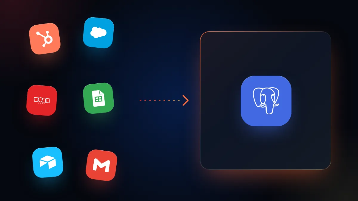 Íconos de HubSpot, Salesforce, Zoho, Google Sheets, Airtable y Gmail que se unen en una base de datos