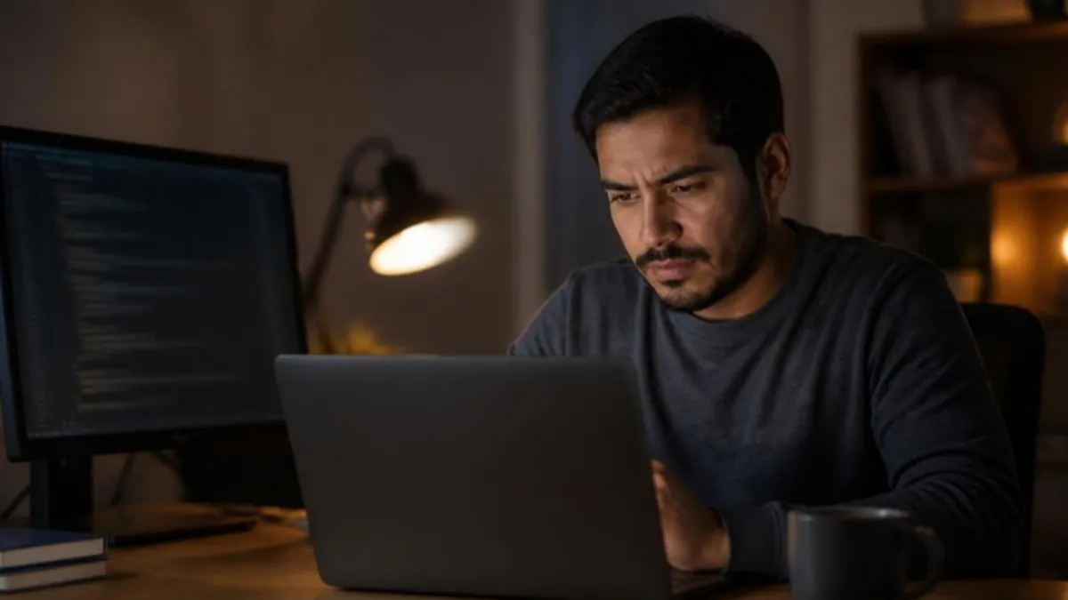 Desarrollador latino revisando de noche una alerta de error en su portátil