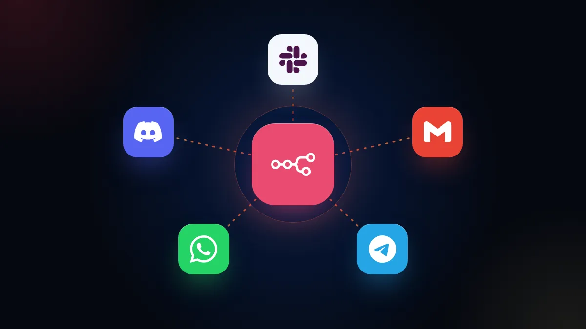 Ícono de n8n conectado a Slack, Gmail, Telegram, WhatsApp y Discord