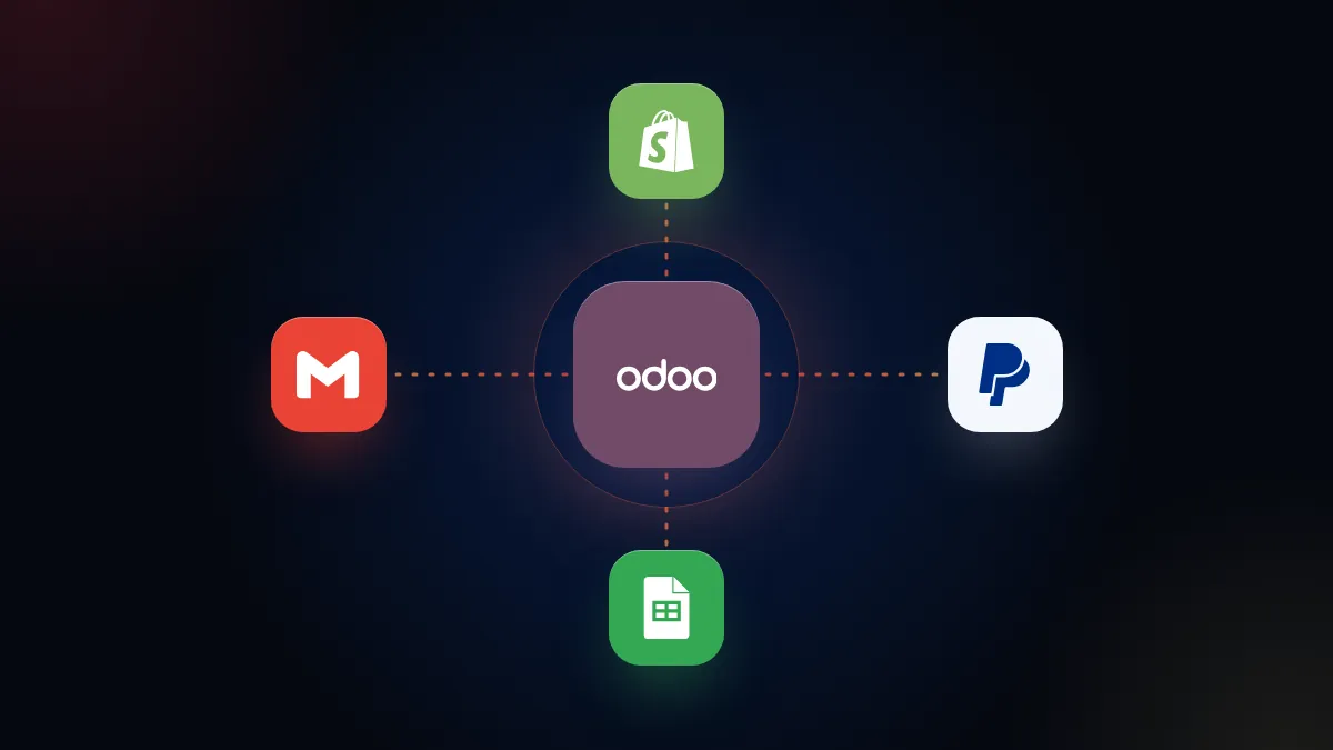 Ícono de Odoo conectado a Shopify, PayPal, Google Sheets y Gmail
