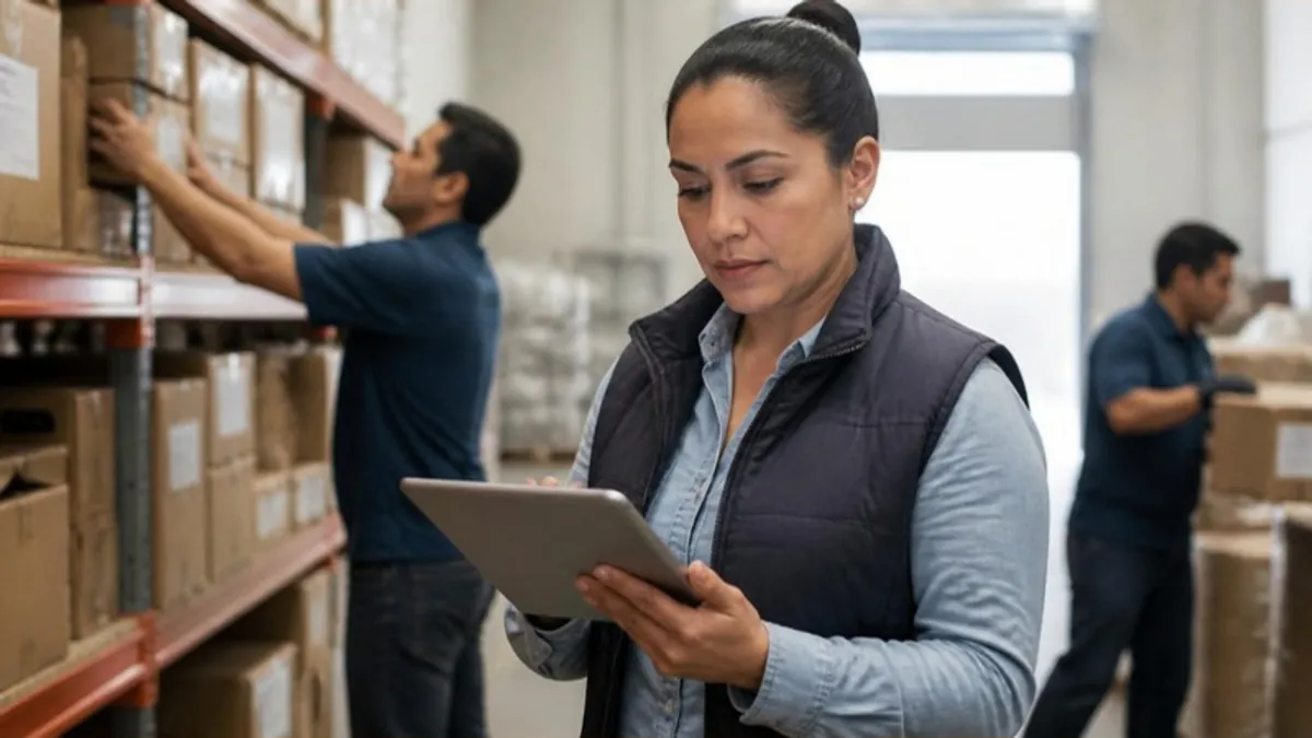 Supervisora latina revisando el inventario en una tableta dentro de una bodega