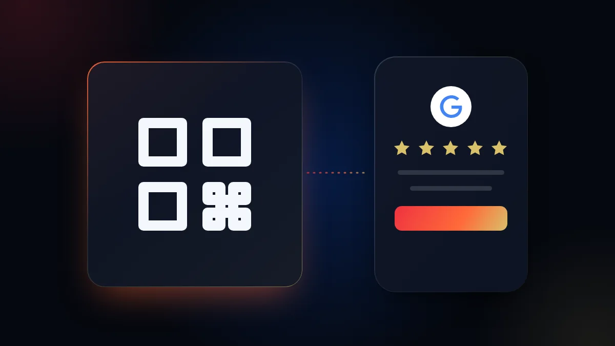 Ilustración de un código QR junto a un teléfono con el formulario de reseña de Google