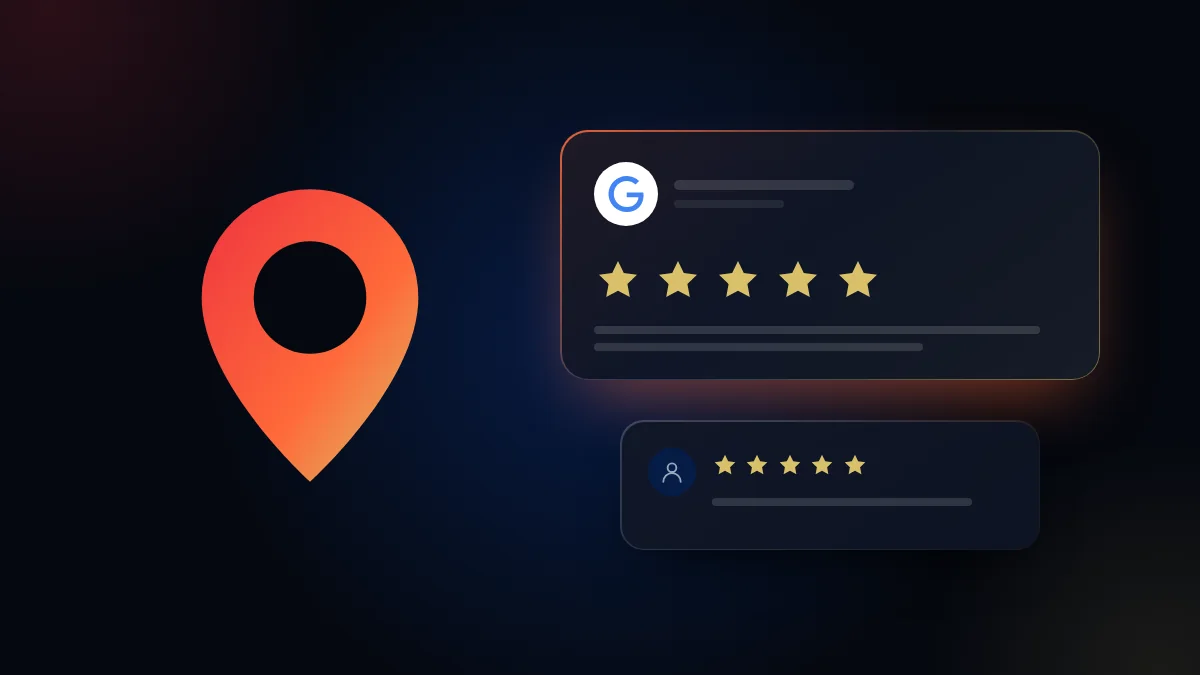 Ilustración de un pin de mapa, el logo de Google y una reseña de cinco estrellas