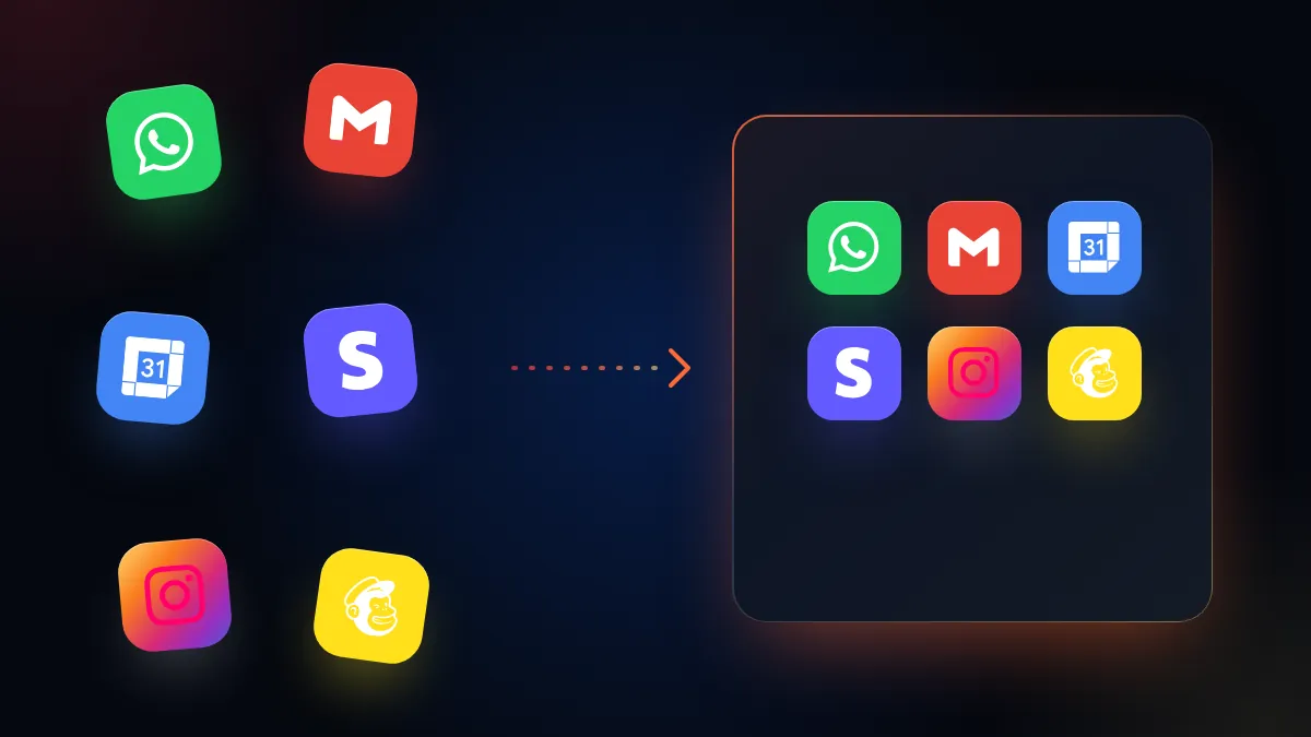 Íconos de WhatsApp, Gmail, Google Calendar, Stripe, Instagram y Mailchimp sueltos que se reúnen en una sola plataforma