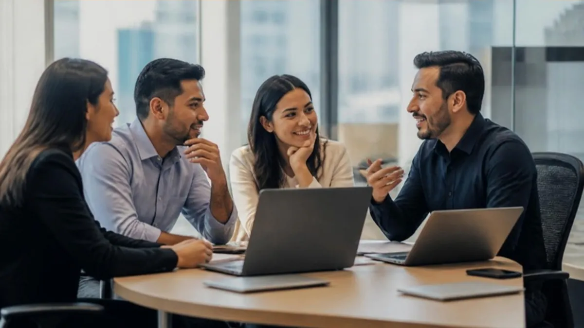 Equipo latino reunido con portátiles decidiendo qué tareas automatizar