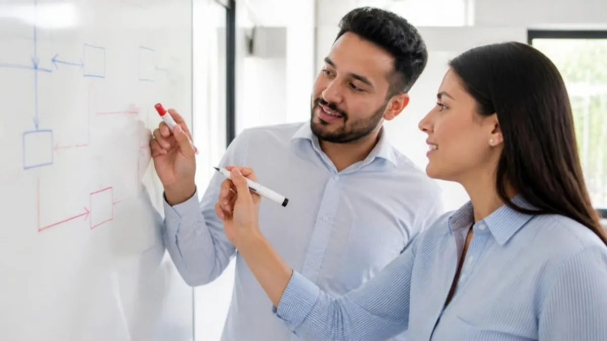 Dos colegas latinos dibujando un proceso en una pizarra blanca