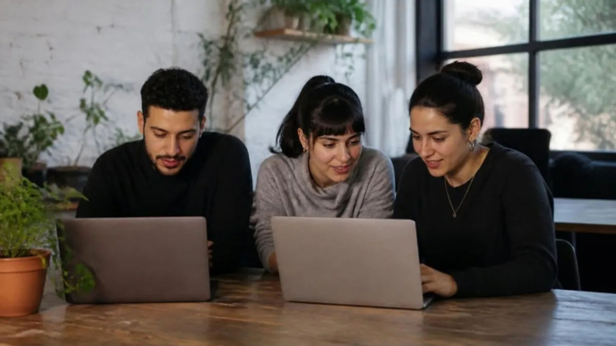 Equipo latino de una agencia digital trabajando junto con portátiles