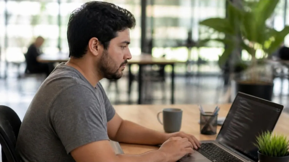 Desarrollador web latino editando archivos de un sitio en su portátil