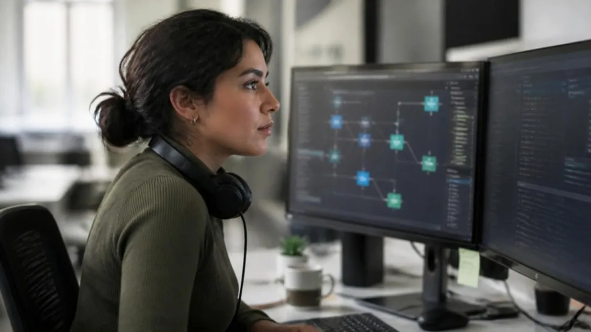 Desarrolladora latina conectando herramientas y datos en dos monitores