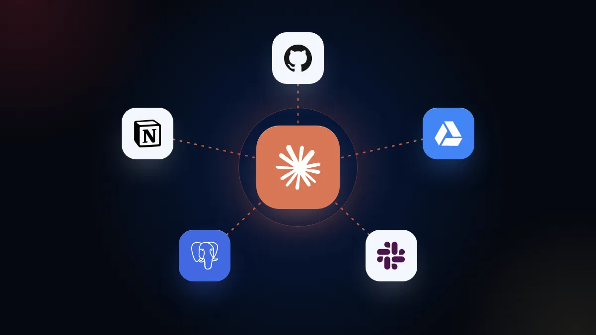 Ícono de Claude conectado a GitHub, Google Drive, Slack, PostgreSQL y Notion