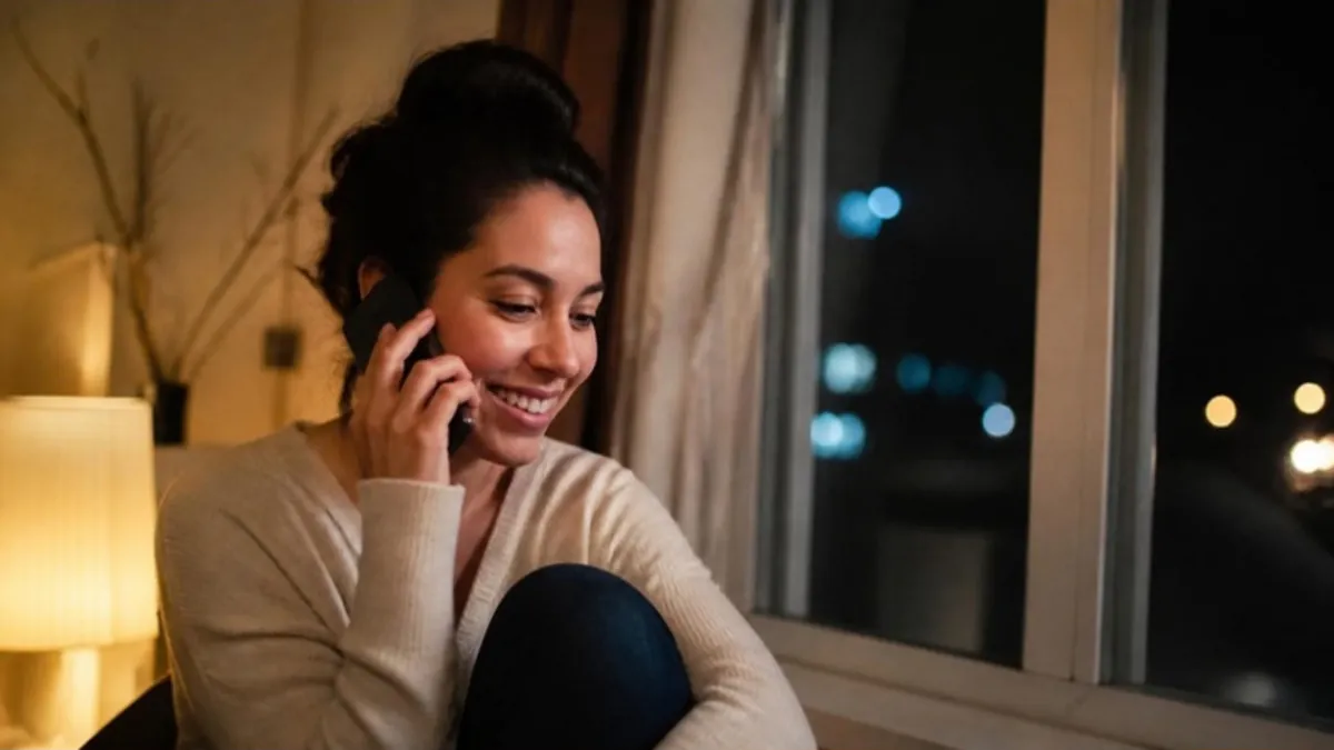 Mujer latina escribiéndole a un negocio desde su celular en la noche