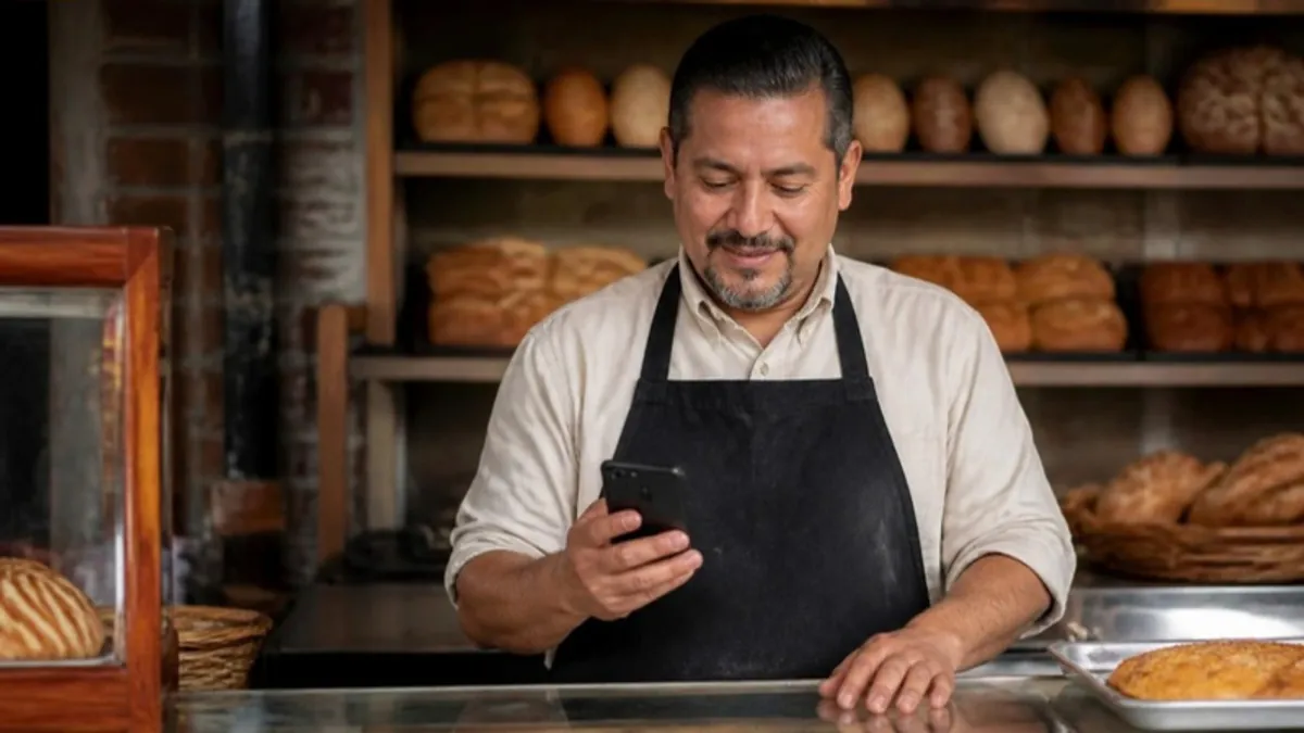 Dueño latino de una panadería revisando mensajes de clientes en su celular