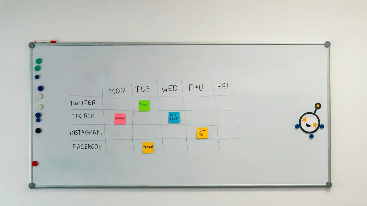 Tablero blanco con notas adhesivas de colores organizadas por días