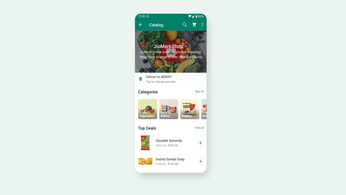 Catálogo de una tienda dentro de WhatsApp Business con categorías y productos con precio