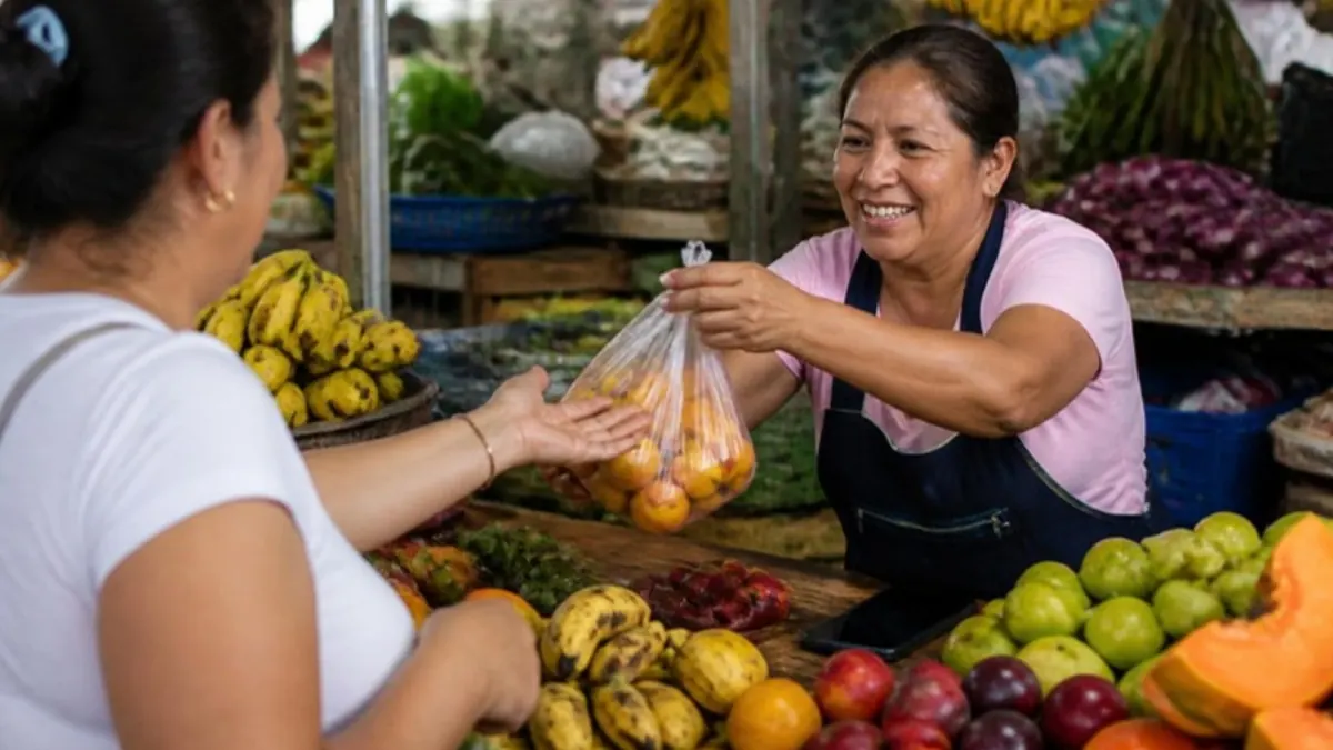 Vendedora latina entregando una bolsa de frutas a una clienta en una plaza de mercado