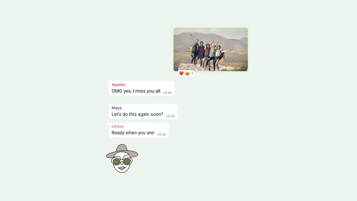 Conversación de grupo en WhatsApp con una foto compartida, reacciones y respuestas de los participantes
