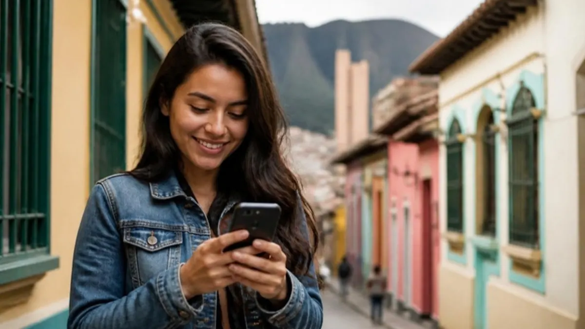 Mujer latina sonriendo mientras lee un mensaje en su teléfono en una calle colonial