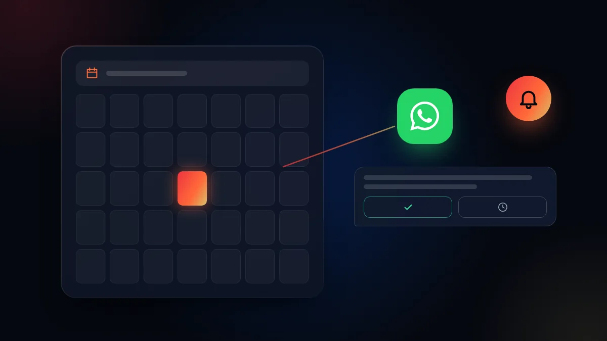 Ilustración de un calendario con una cita marcada, el ícono de WhatsApp y una campana de recordatorio