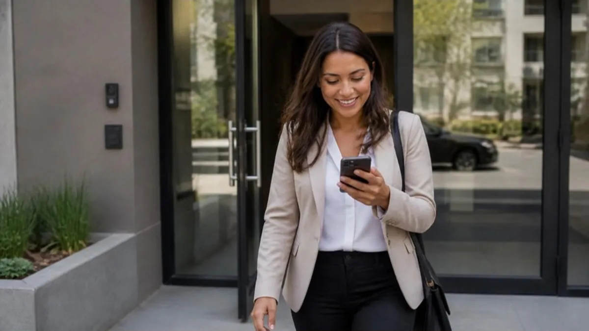 Agente inmobiliaria latina respondiendo de inmediato a un cliente desde su celular