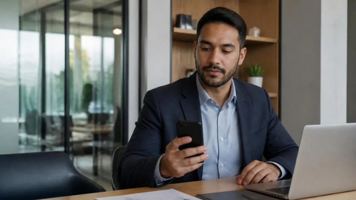 Asesor latino tomando su celular al llegar el aviso de un nuevo lead