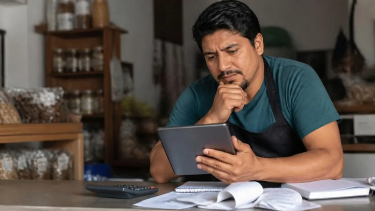 Emprendedor latino revisando en una tableta cuánto le cuesta su campaña