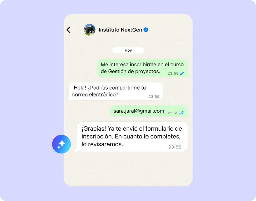 Pantalla oficial de Kommo mostrando respuestas automáticas a un cliente por chat