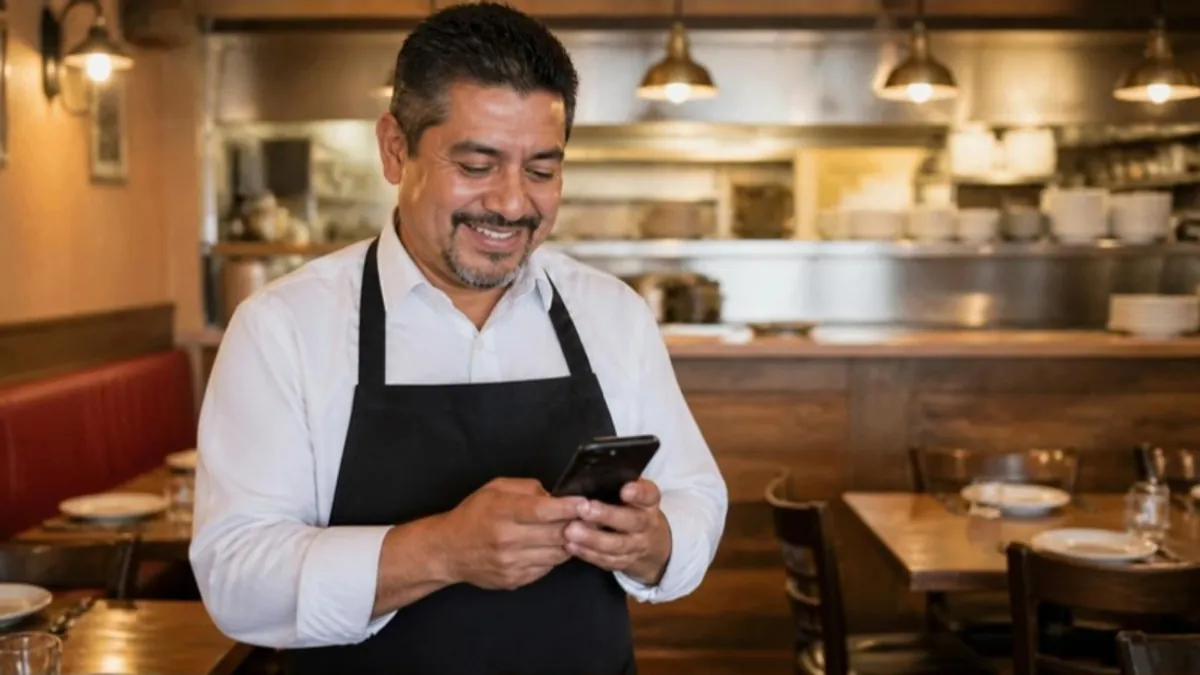 Dueño latino de un restaurante leyendo pedidos de clientes en su celular
