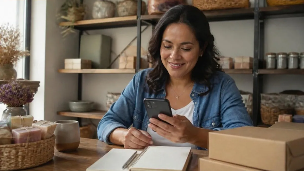 Dueña latina de un negocio leyendo mensajes de clientes en su celular