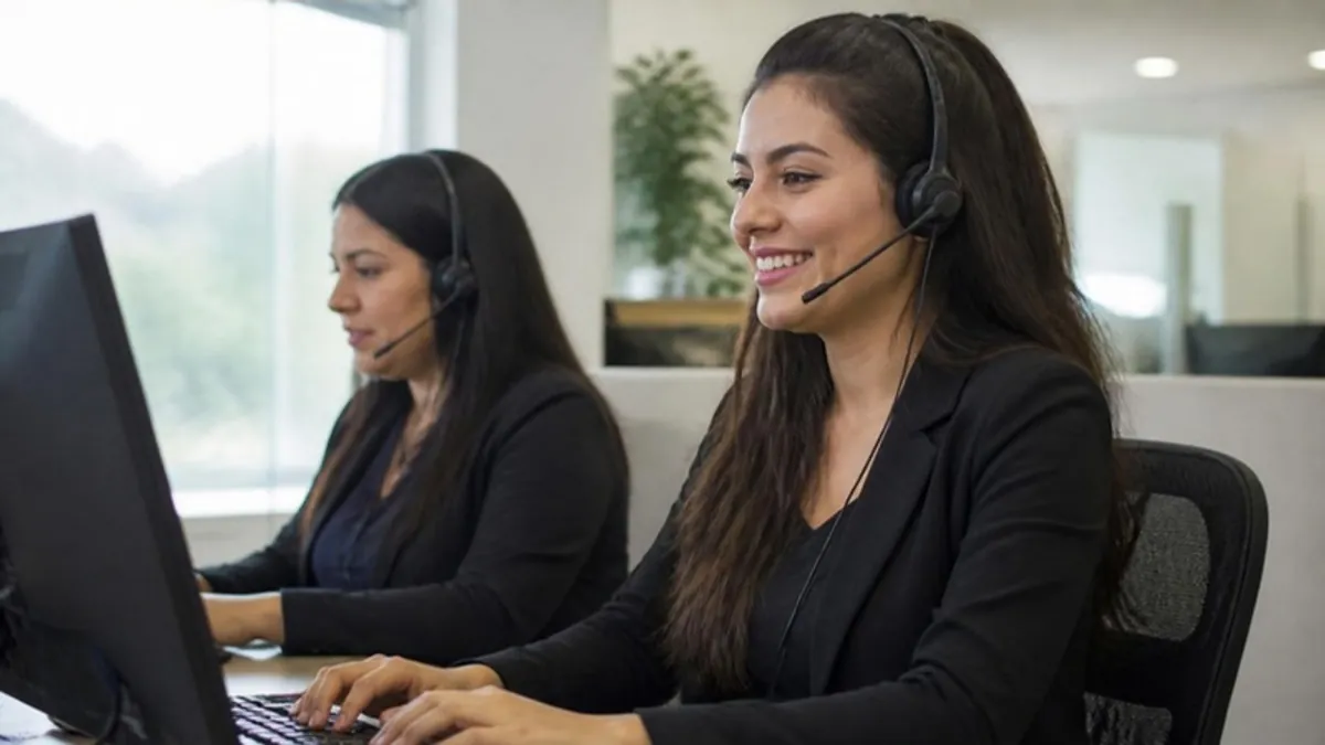 Dos asesoras latinas con diadema atendiendo clientes desde sus computadores