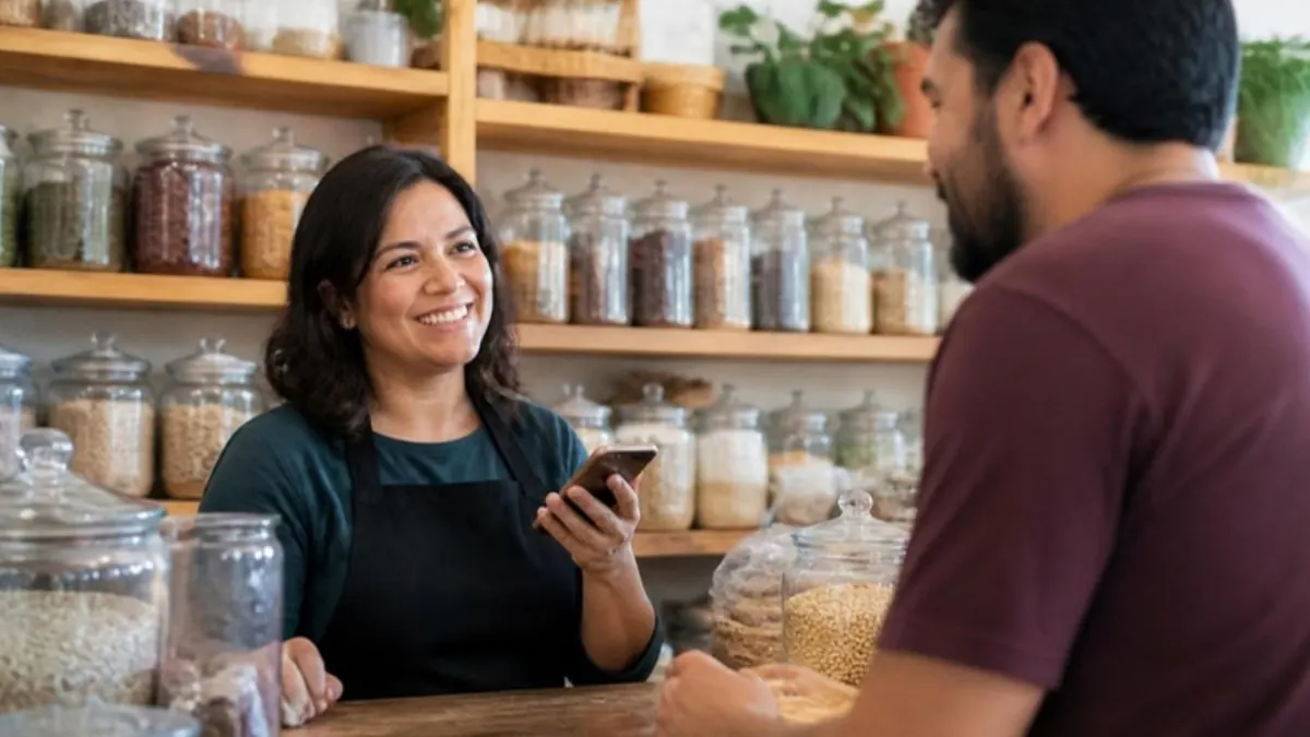 Tendera latina atendiendo a un cliente en su tienda de granos con el celular en la mano