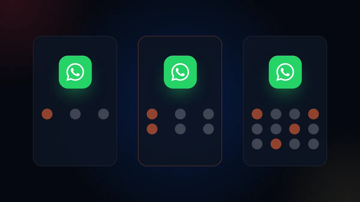Tres tarjetas con el ícono de WhatsApp y grupos de personas de distinto tamaño