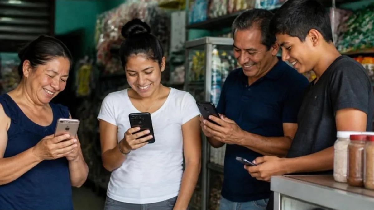Clientes latinos en una tienda de barrio mirando sus celulares y sonriendo