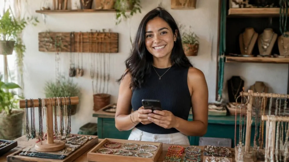 Dueña latina de una tienda de joyería artesanal sonriendo con su celular