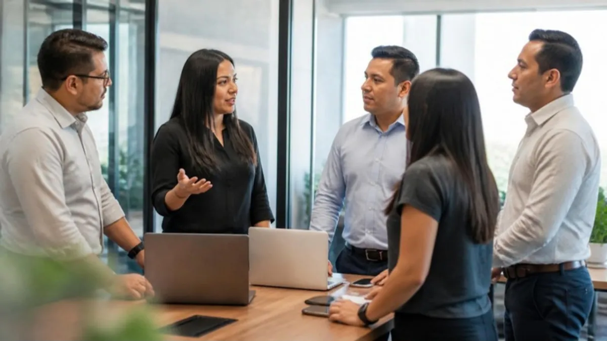 Equipo de ventas latino en una reunión rápida de pie en la oficina