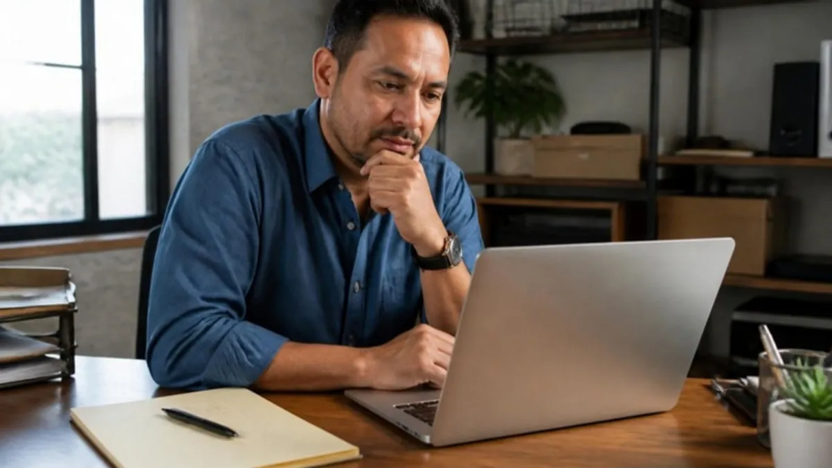 Dueño latino de una empresa comparando dos opciones de software en su portátil